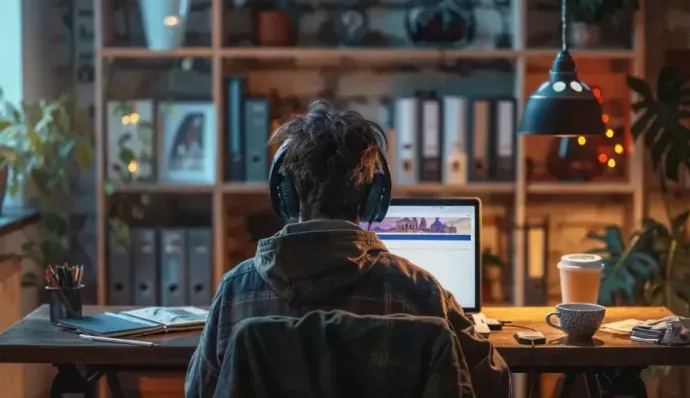 Estudiante del Grado en Ingeniería en Tecnologías de la Telecomunicación a distancia asistiendo a clases virtuales desde su casa.